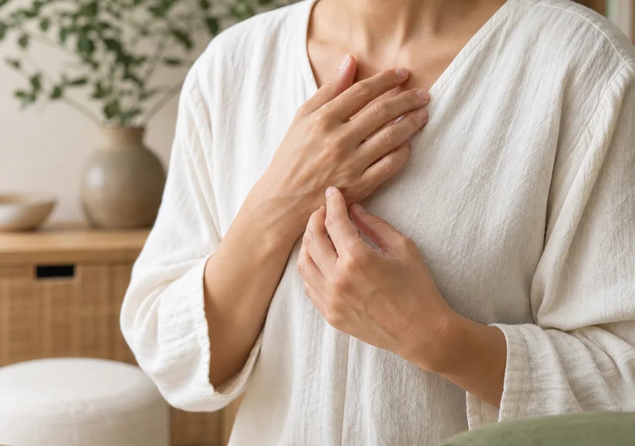 Illustrative close-up of a calm self-reflection gesture