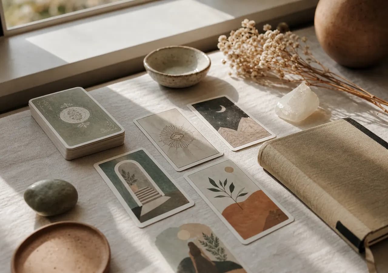 Illustrative card spread and journal in warm natural light