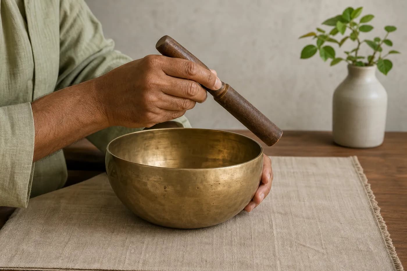 A practitioner holding a wooden striker above a brass singing bowl